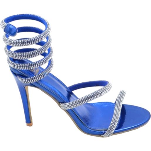 Malu Shoes sandali donna gioiello blu tacco sottile 12 cm serpente rigido si attorciglia alla gamba argento regolabile brillantini