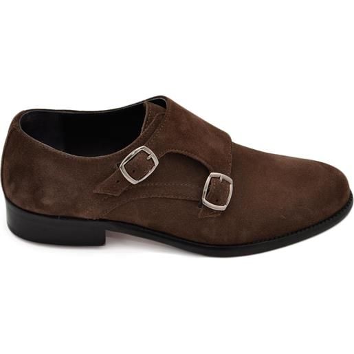 Malu Shoes scarpe uomo doppia fibbia eleganti vera pelle scamosciata marrone suola vero cuoio con antiscivolo handmade in italy