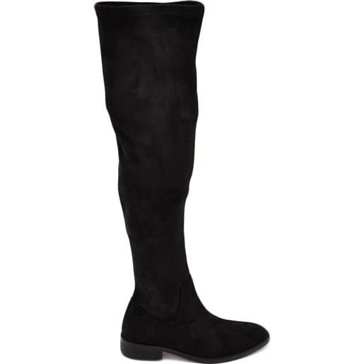 Corina stivale donna alto a punta nero sopra al ginocchio in camoscio effetto calzino suola gomma bassa moda tendenza street