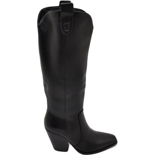 Malu Shoes stivali camperos donna in ecopelle rigida nera altezza ginocchio lisci con tacco texano legno 7 cm western moda zip