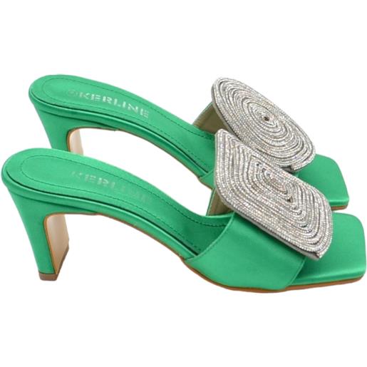 Malu Shoes sandali donna tacco in raso verde tacco doppio 7 cm open toe disegno gioiello geometrico asimmetrico tondo quadrato