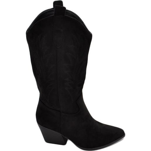 Malu Shoes stivali donna camperos texani stile western nero fantasia laser su pelle scamosciata tinta unita altezza polpaccio