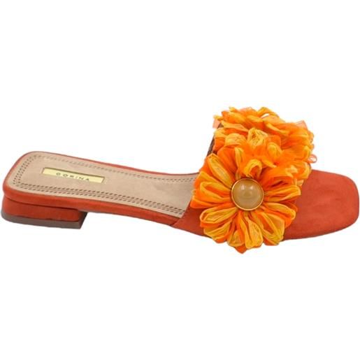 Malu Shoes pantofoline donna mule arancione con applicazioni floreale voluminosa colorata punta quadrata morbide tacco largo 1 cm