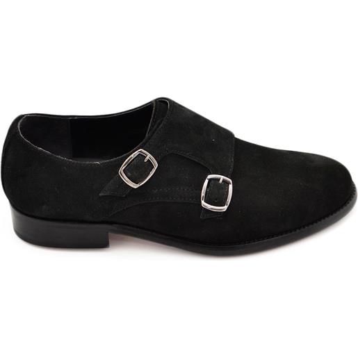 Malu Shoes scarpe uomo doppia fibbia eleganti vera pelle scamosciata nera suola vero cuoio con antiscivolo handmade in italy
