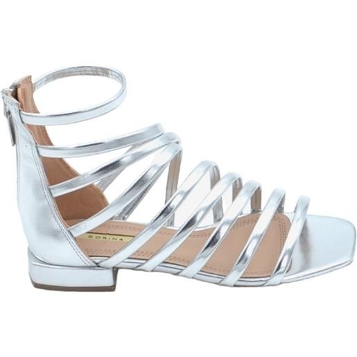 Malu Shoes sandalo basso argento alla schiava con fascette sottili chiusura zip retro fondo in gomma tacco doppio 1 cm