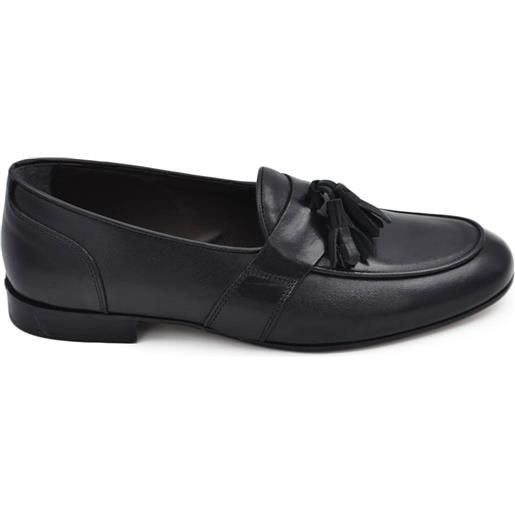 Malu Shoes scarpe uomo mocassino nero in vera pelle abrasivata con nappine fondo cuoio con antiscivolo forma allungata