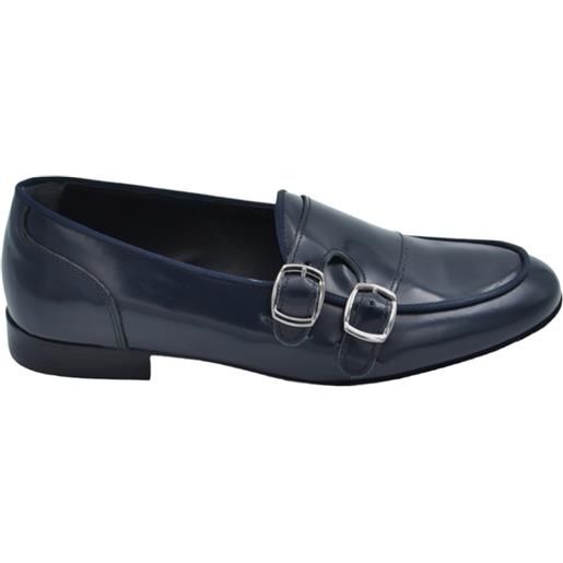 Malu Shoes scarpe mocassino uomo doppia fibbia in vera pelle abrasivata blu fondo in cuoio con antiscivolo leggera fibbia argento