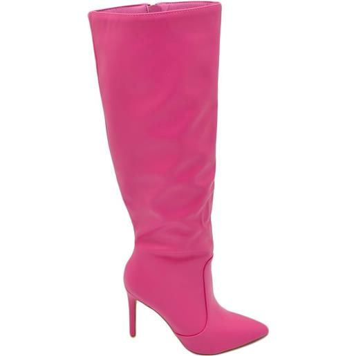 Malu Shoes stivali alti donna al ginocchio in pelle rosa fucsia a punta tacco a spillo 12 cm zip lunga aderente moda linea basic