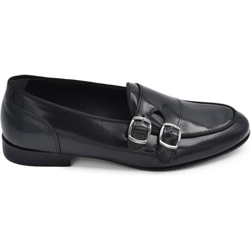 Malu Shoes scarpe mocassino uomo doppia fibbia in vera pelle abrasivata nera fondo in cuoio con antiscivolo leggera fibbia argento