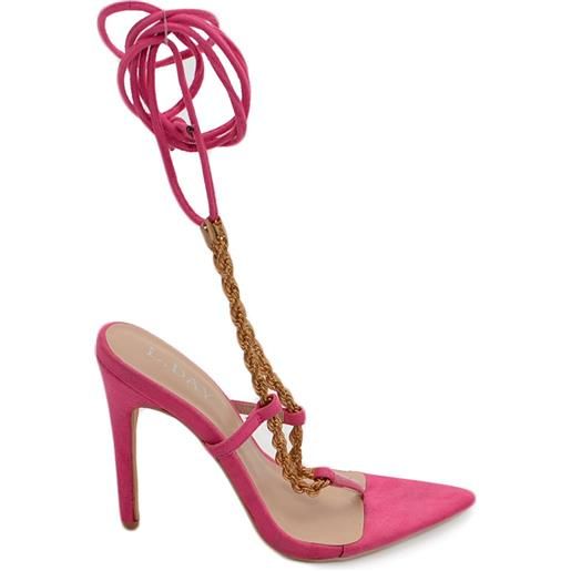 Malu Shoes sandalo donna con tacco a spillo 12 punta alto fucsia con catena oro a infradito alla schiava moda