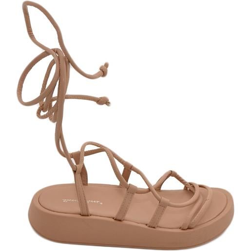 Malu Shoes sandali donna beige con platform zeppa con fasce sottili incrociate e lacci alla schiava al polpaccio moda