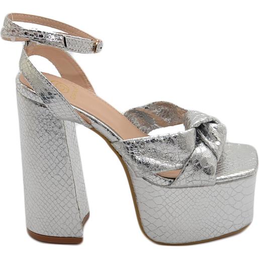 Malu Shoes sandalo donna fascetta intrecciata in pelle argento tacco doppio 15 plateau 5 cm cinturino alla caviglia open toe moda