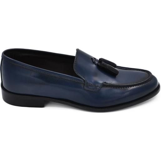 Malu Shoes scarpe uomo mocassino blu in vera pelle abrasivata con nappine fondo cuoio con antiscivolo calzata facilitata