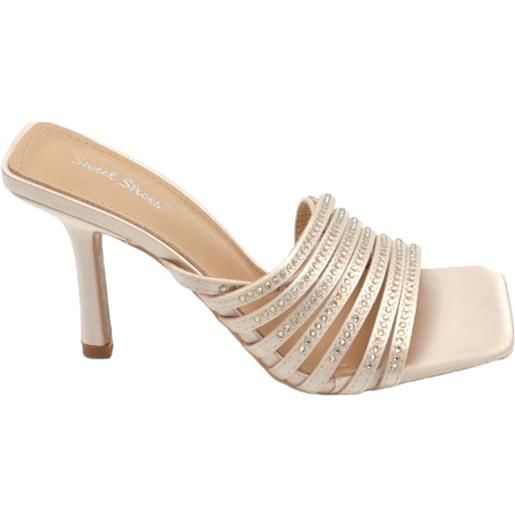 Malu Shoes sandalo gioiello donna oro tacco sottile 8cm in raso fasce sottili oblique con strass cerimonia evento open toe