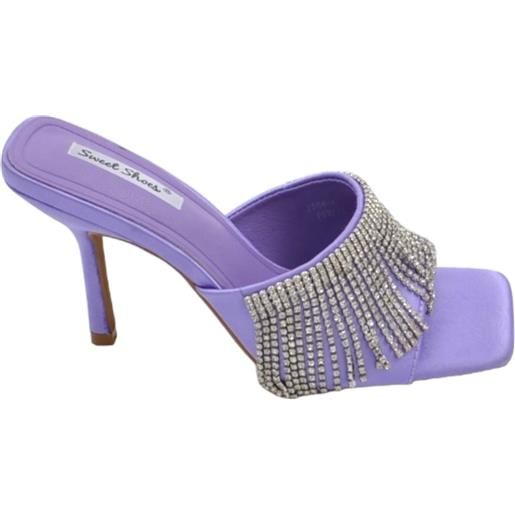 Malu Shoes sandalo gioiello viola donna tacco sottile 8 cm fascia larga con strass pendenti luccicanti cerimonia evento open toe