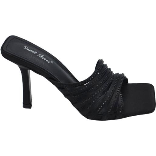 Malu Shoes sandalo gioiello donna nero tacco sottile 8cm in raso fasce sottili oblique con strass cerimonia evento open toe