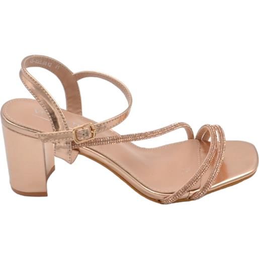 Malu Shoes scarpe sandalo donna oro rosa pelle lucida con fasce a incrocio con strass chiusura alla caviglia sling back lltacco 5cm