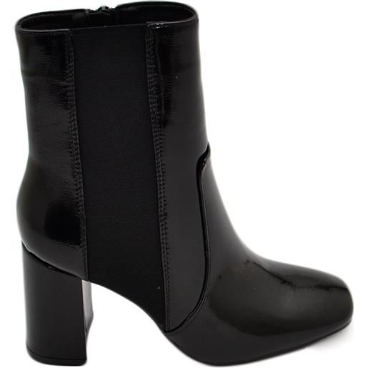 Malu Shoes scarpe stivaletto donna tronchetto chelsea nero lucido con elastico laterale punta rotonda tacco largo comodo 6 cm zip