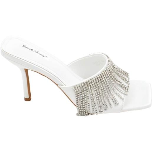 Malu Shoes sandalo gioiello bianco donna tacco sottile 8 cm fascia larga con strass pendenti luccicanti cerimonia evento open toe