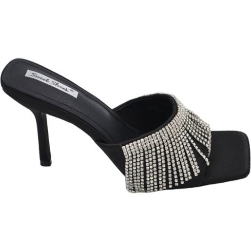 Malu Shoes sandalo gioiello nero donna tacco sottile 8 cm fascia larga con strass pendenti luccicanti cerimonia evento open toe