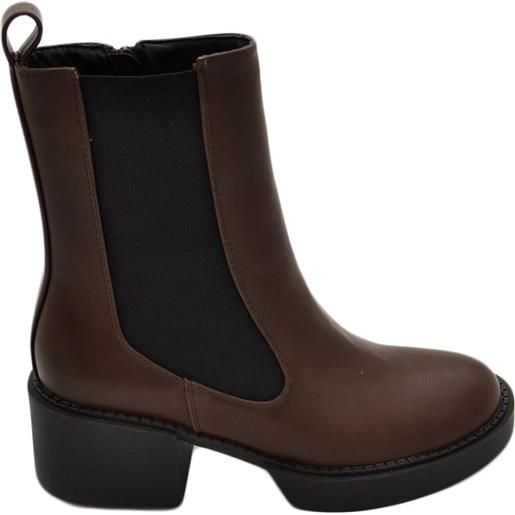 Malu Shoes stivale basso donna platform chelsea boots marrone con fondo alto zip elastico laterale tinta moda tendenza comodo
