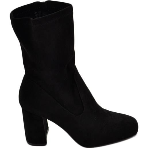 Malu Shoes stivaletti alti donna nero camoscio a punta tonda tacco quadrato taglio simmetrico zip moda glamour tendenza