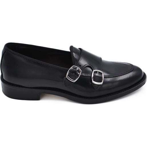 Malu Shoes scarpe uomo mocassino fibbia doppia sottile derby nero in vera pelle semilucida business fondo vero cuoio