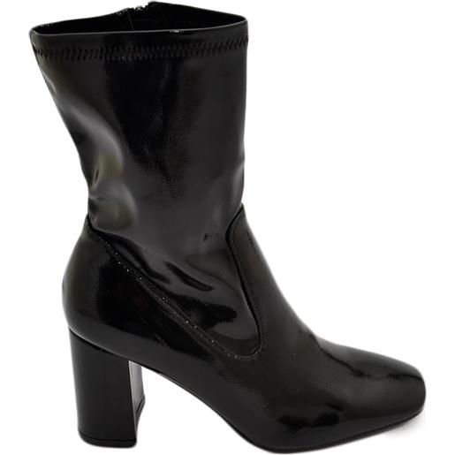 Malu Shoes stivaletti alti donna nero lucido a punta tonda tacco quadrato taglio simmetrico zip moda glamour tendenza