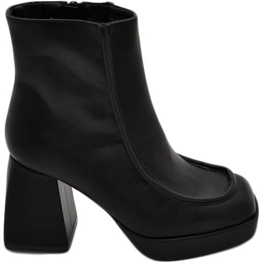 Malu Shoes tronchetto donna platform nero punta quadrata con bordo in rilievo zip laterale tacco grosso 10 e plateau 3 cm