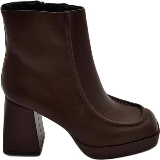 Malu Shoes tronchetto donna platform marrone punta quadrata con bordo in rilievo zip laterale tacco grosso 10 e plateau 3 cm