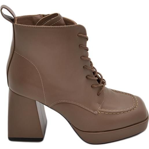 Malu Shoes tronchetto donna platform tortora punta quadrata con stringhe zip laterale tacco grosso 10 e plateau 3 cm
