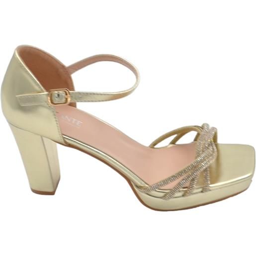Malu Shoes sandali tacco donna in pelle oro con fasce incrocio strass tono su tono cinturino alla caviglia plateau 2,5cm tacco 9cm