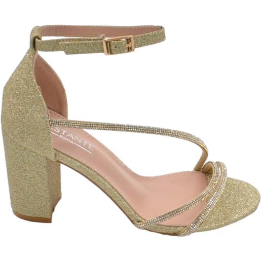 Malu Shoes scarpe sandalo donna oro in tessuto satinato fasce a incrocio strass e chiusura alla caviglia tacco largo comodo 5cm