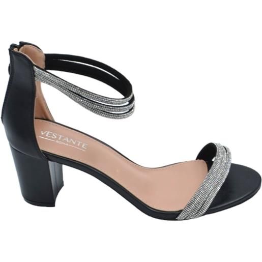 Malu Shoes scarpe sandalo donna nero pelle con fasce strass e chiusura con zip retro tacco largo comodo 5cm effetto nudo