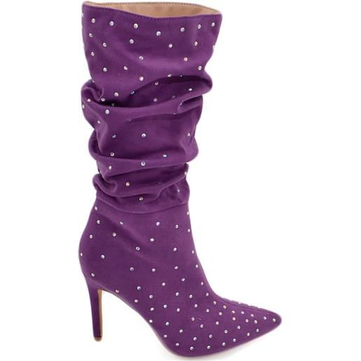 Malu Shoes tronchetti donna a punta alto meta' polpaccio in camoscio viola ricoperto di strass tacco a spillo 12 cm morbido con zip
