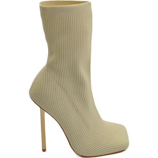 Malu Shoes tronchetti modello calzino beige gambale elasticizzato alla caviglia con tacco sottile oro 12 cm punta quadrata