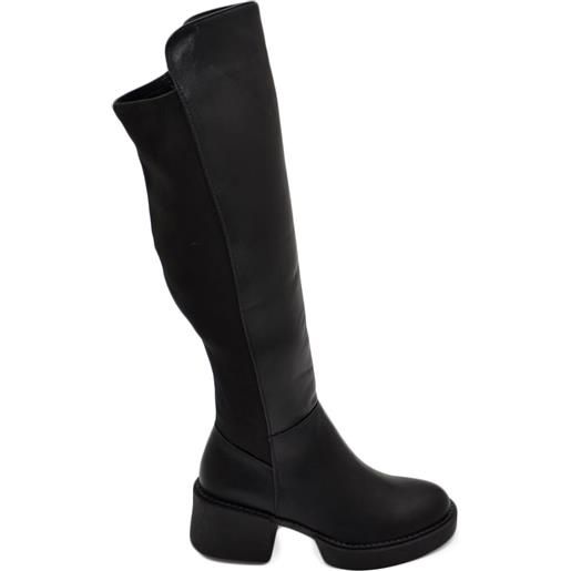 Malu Shoes stivali donna alto punta tonda nero gambale aderente elasticizzato alto sopra al ginocchio tacco 4 plateau zip curvy