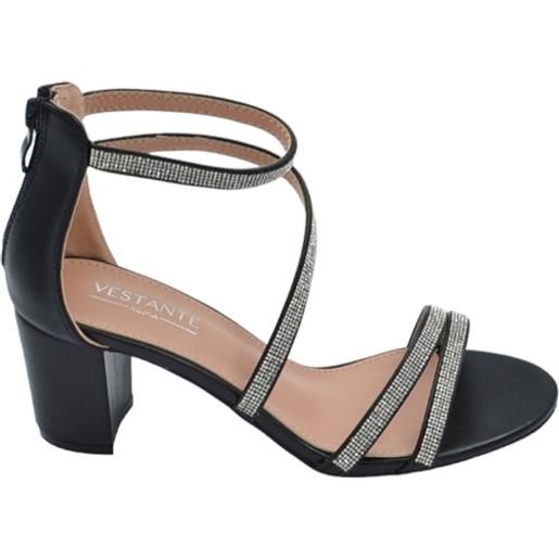 Malu Shoes scarpe sandalo donna nero pelle con fasce a incrocio strass e chiusura con zip retro tacco largo comodo 5cm