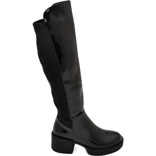 Malu Shoes stivali donna alto punta tonda nero lucido gambale aderente elasticizzato alto sopra al ginocchio tacco 4 plateau curvy