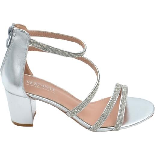 Malu Shoes scarpe sandalo donna argento pelle con fasce a incrocio strass e chiusura con zip retro tacco largo comodo 5cm