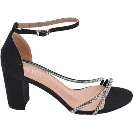 Malu Shoes scarpe sandalo donna nero in tessuto satinato fasce a incrocio strass e chiusura alla caviglia tacco largo comodo 5cm