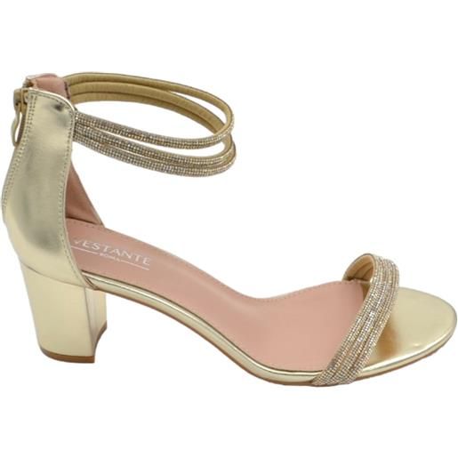 Malu Shoes scarpe sandalo donna oro pelle con fasce strass e chiusura con zip retro tacco largo comodo 5cm effetto nudo