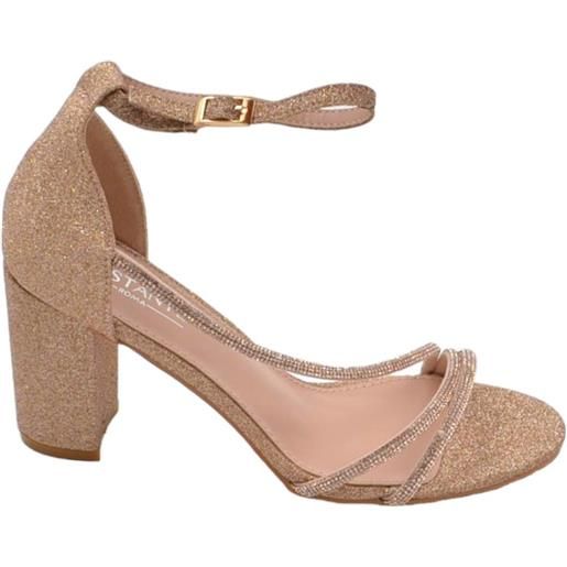 Malu Shoes scarpe sandalo donna oro rosa tessuto satinato fasce a incrocio strass e chiusura alla caviglia tacco largo comodo 5cm