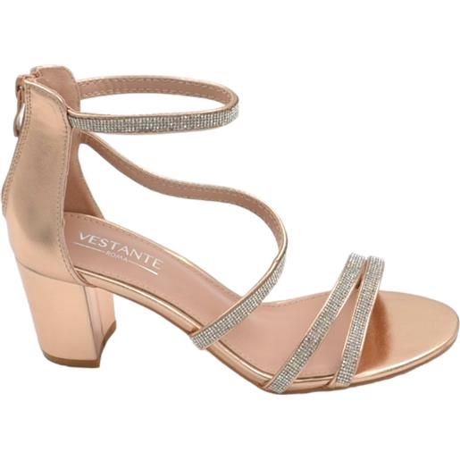 Malu Shoes scarpe sandalo donna oro rosa in ecopelle con fasce a incrocio strass e chiusura con zip retro tacco largo comodo 5cm