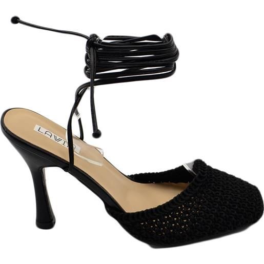 Malu Shoes decollete tacco donna fantasia uncinetto nero punta quadrata tallone scoperto allacciatura schiava caviglia lacci