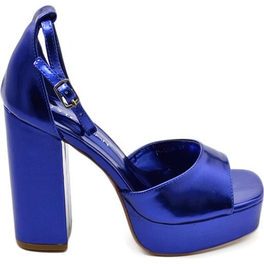 Malu Shoes sandalo donna tacco in pelle lucida blu tacco doppio 12 cm plateau 3 cm cinturino alla caviglia open toe moda