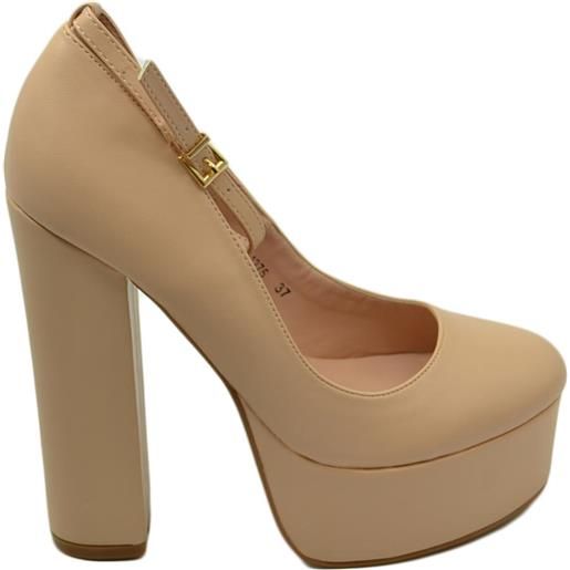 Malu Shoes decollete donna in pelle beige tacco doppio 15 cm plateau 6 cm cinturino alla caviglia chiuso moda