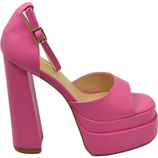 Malu Shoes sandalo donna tacco in pelle fucsia tacco doppio 15 cm plateau 6 cm cinturino alla caviglia open toe moda