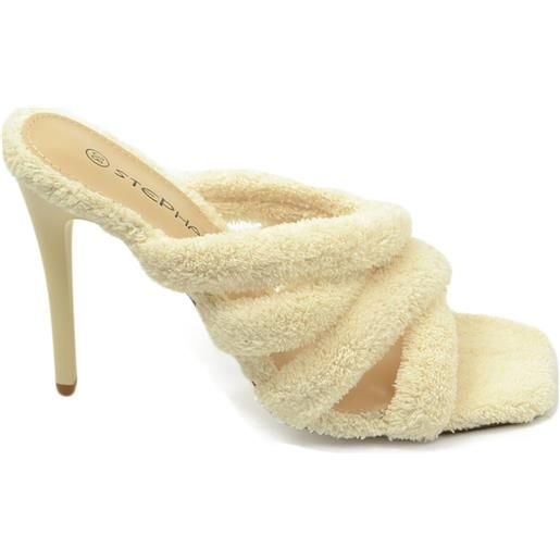 Malu Shoes sandali donna mules tacco alto a spillo in tessuto spugna effetto asciugamano beige comodo punta quadrata eventi moda
