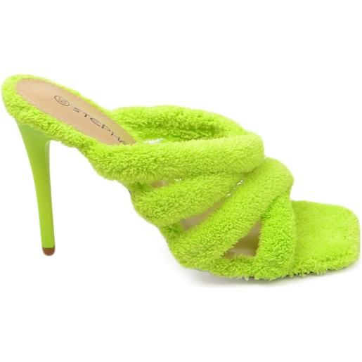 Malu Shoes sandali donna mules tacco alto a spillo in tessuto spugna effetto asciugamano verde fluo comodo punta quadrata eventi